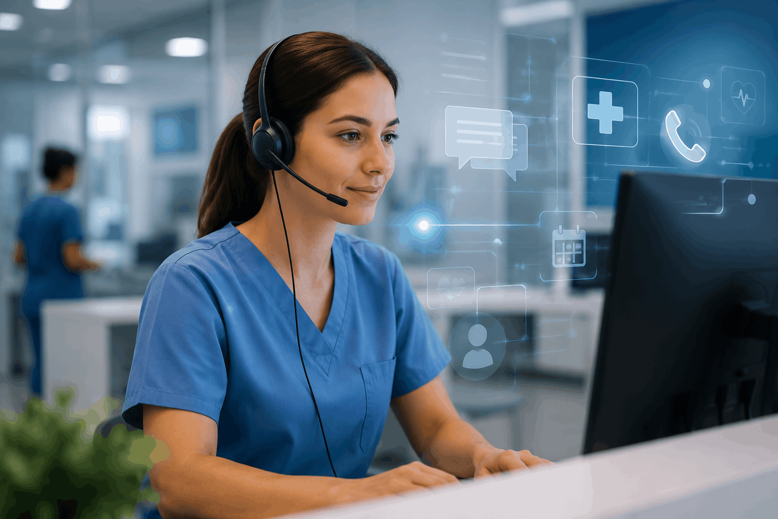 Healthcare professional wearing a headset at a medical call center workstation, with digital icons for patient communication, scheduling, and AI-powered support.