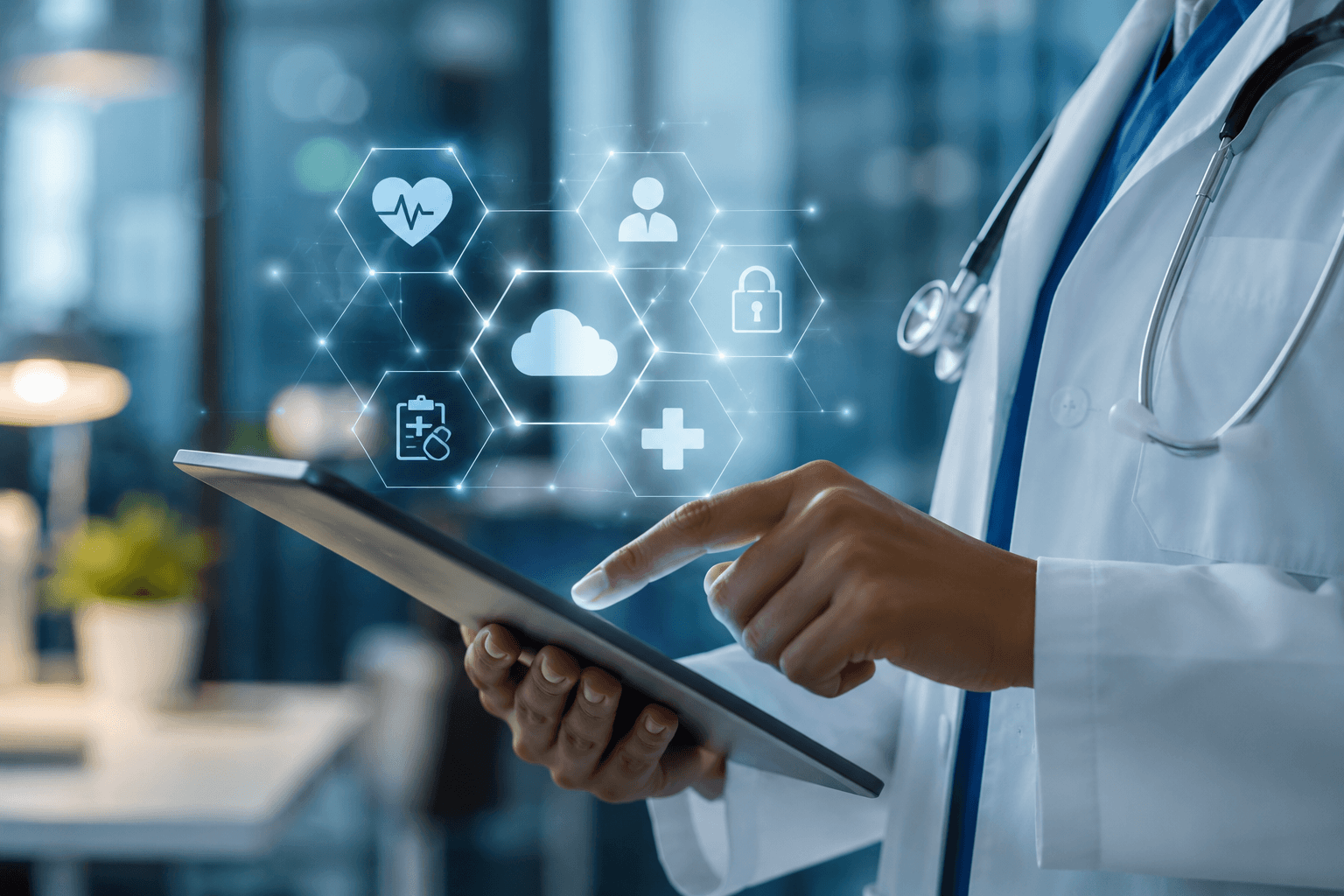 Healthcare professional using a tablet in a modern medical office, with AI, telehealth, EHR, cloud security, analytics, and patient communication icons highlighting connected digital healthcare solutions