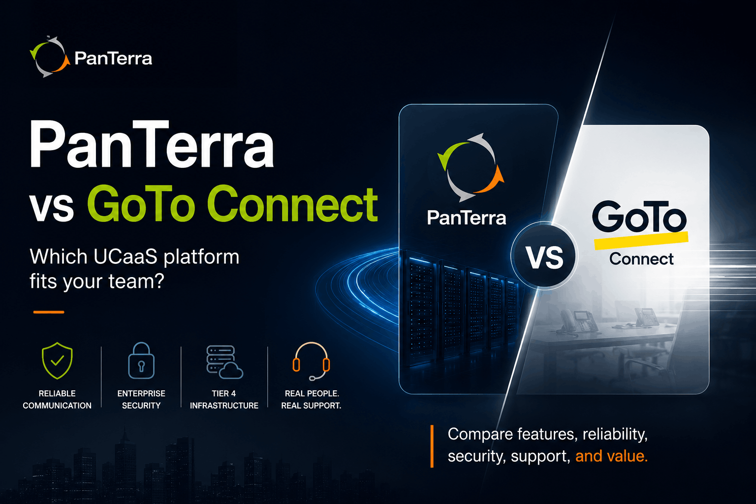 PanTerra vs GoTo Connect UCaaS comparison cover image showing enterprise communications, Tier 4 infrastructure, security, support, and platform reliability. 