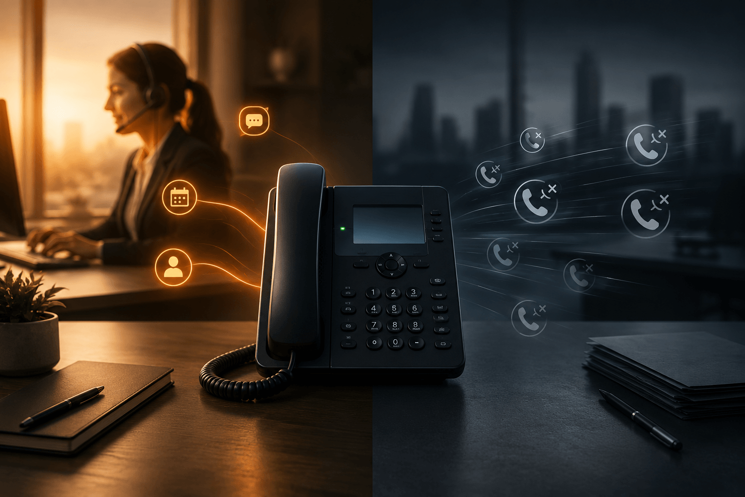Cinematic office scene with a business desk phone, warm vs. cool lighting highlighting answered and missed calls, showing the value of always-on AI call handling