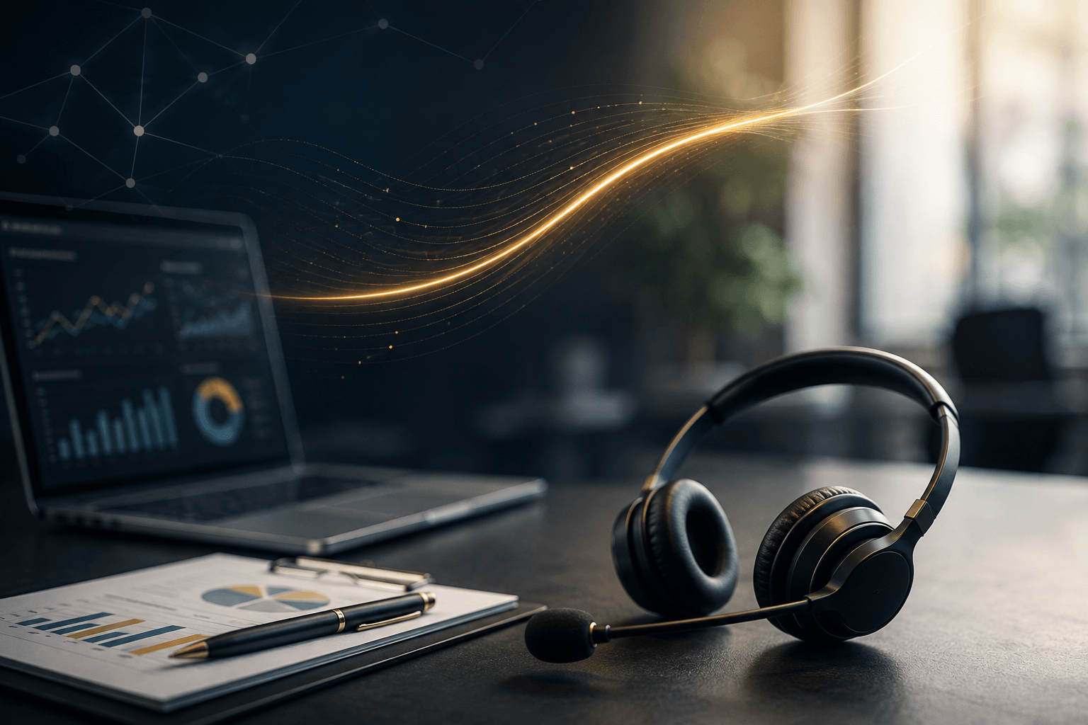 Premium workspace with a contact center headset, analytics dashboards, and data flows, representing contact center software evaluation